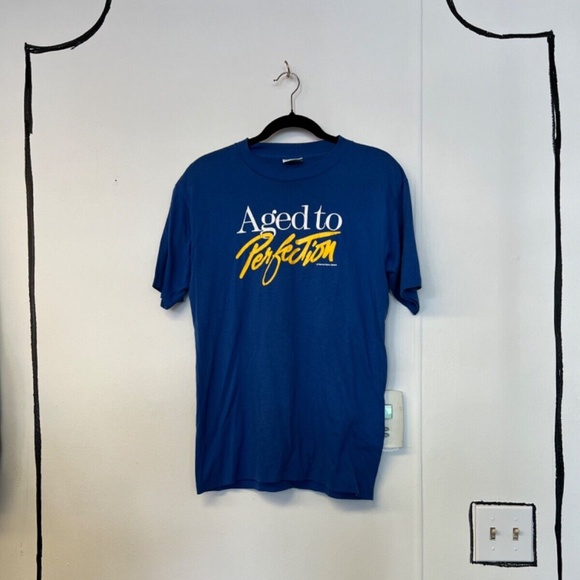 AGED TO PERFECTION Vintage T Shirt Hanes Beefy M Made USA Blue Peacock Papers - Picture 2 of 8